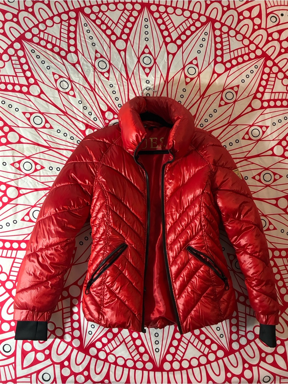 GUESS Red Shiny Quilted Puffer Jacket